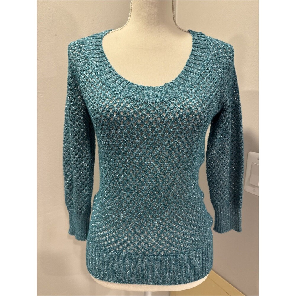 Sequin Hearts Sweater 3/4 Sleeve Open Weave Green/Silver Metallic Thread Size M